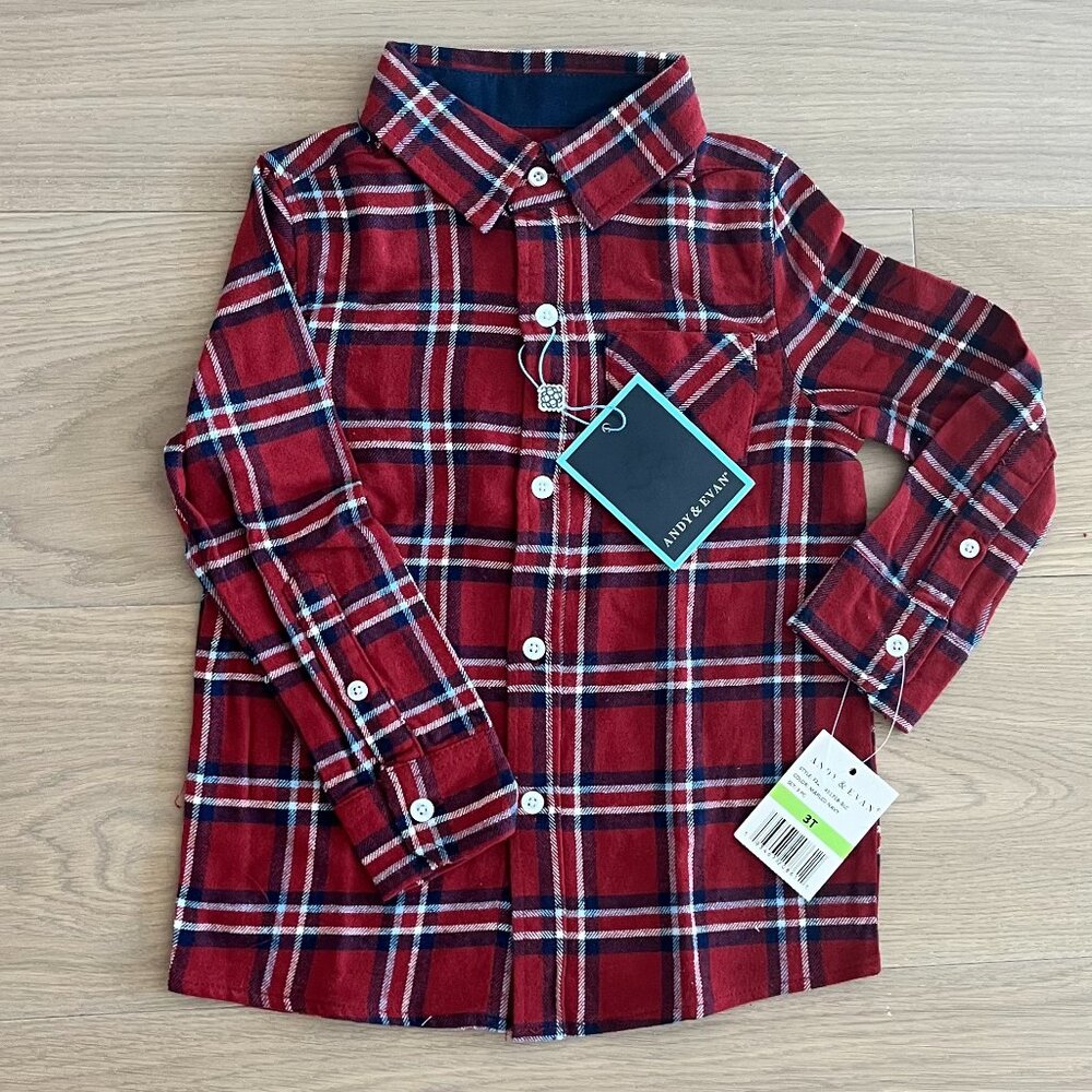 Andy & Evan Red Plaid Button Down Shirt with Pocket size 3T NWT